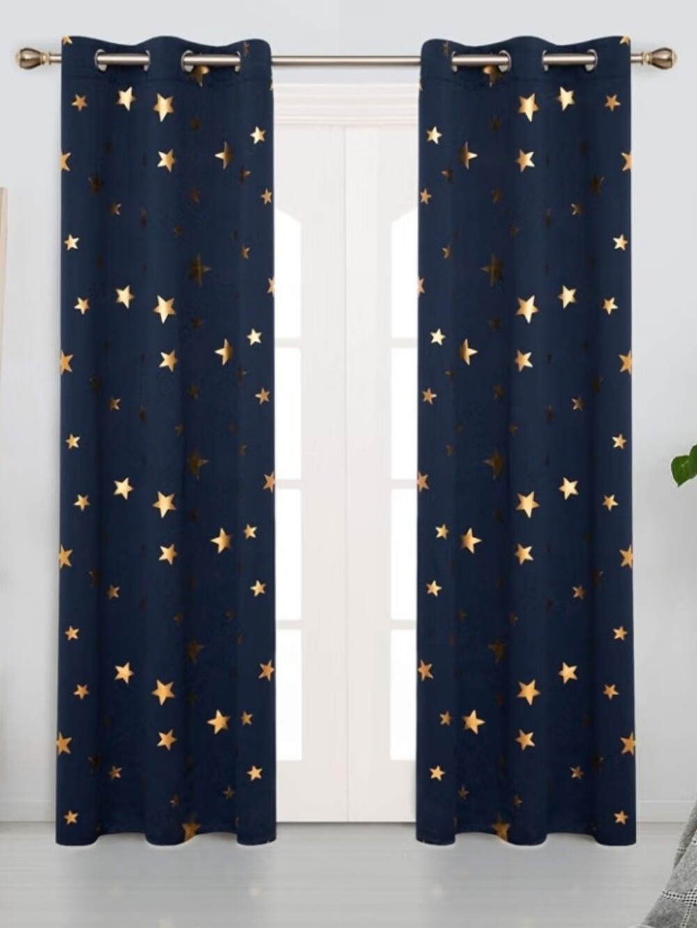 Navy Starprint Blackout Curtains - Gold Star Accents